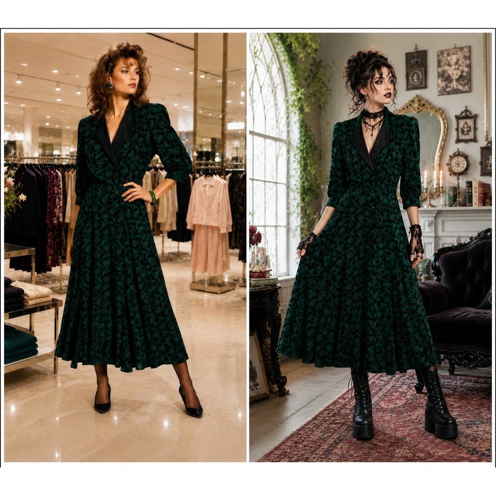 Vintage Carole Little Green Black Floral Midi Dress 80s Double Breasted Size 8